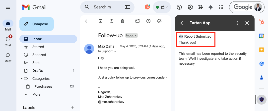 Tartan App Shield report confirmation
