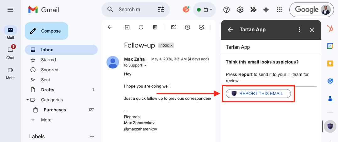 Report an email with Tartan App Shield